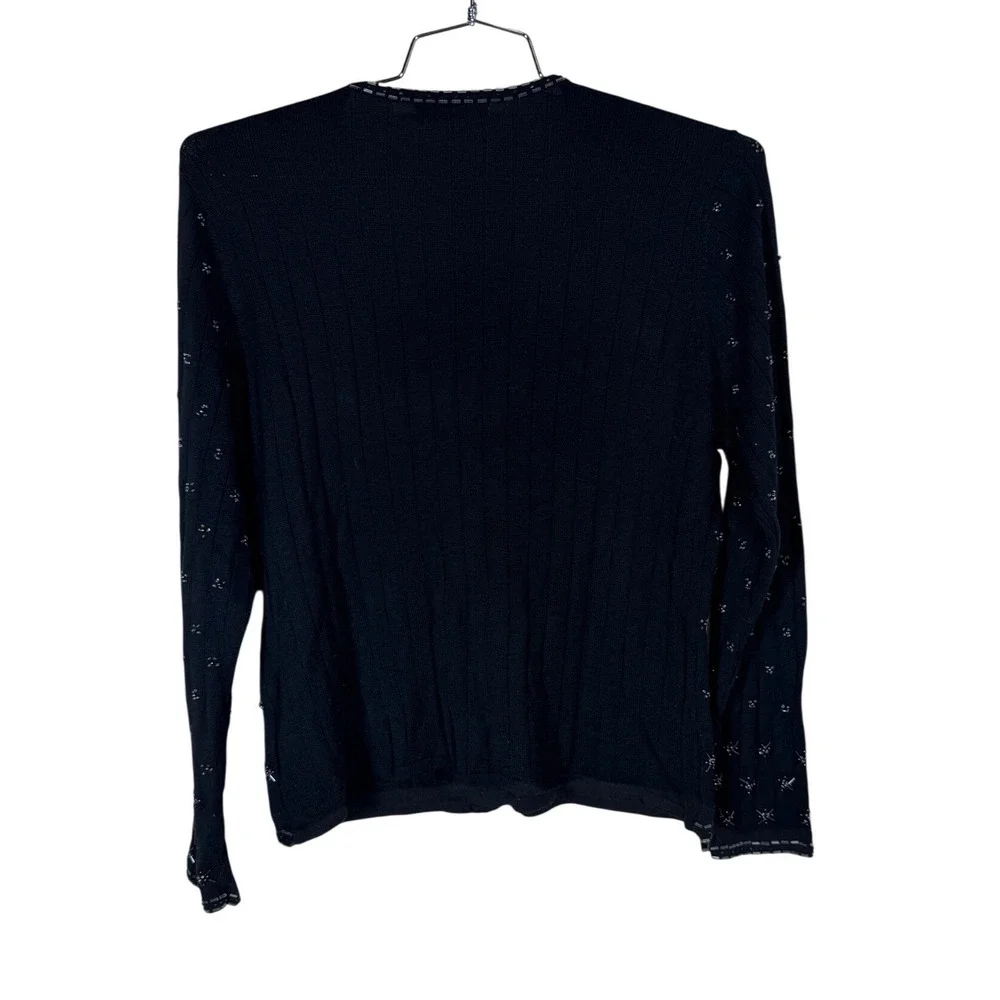 Claudia D Womens Black Beaded Ribbed Cardigan Top Vintage L